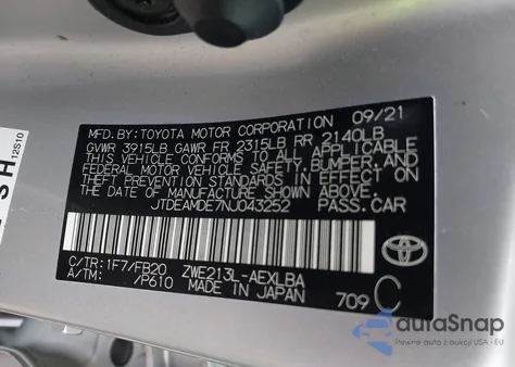 2022 Toyota Corolla Hybrid Le from USA, damaged, VIN JTDEAMDE7NJ043252